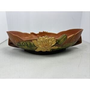 Vintage Roseville Pottery Console Bowl Water Lily Brown 443-12‎ USA Beauty